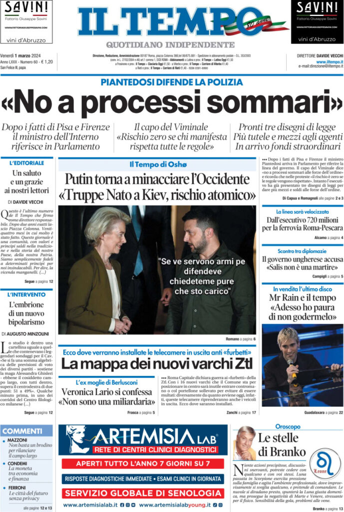 La prima pagina de Il Tempo.
